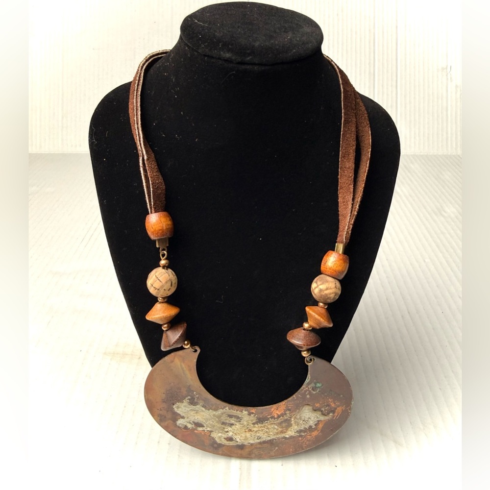 Vintage Artisan Solid Brass Metal Half Moon Collar Necklace Suede & Wood Beads‎